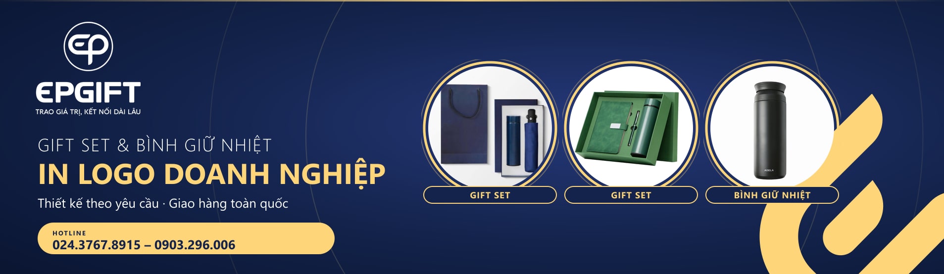 Gift set và bình giữ nhiệt (tone navy-gold 30/10/2026)
